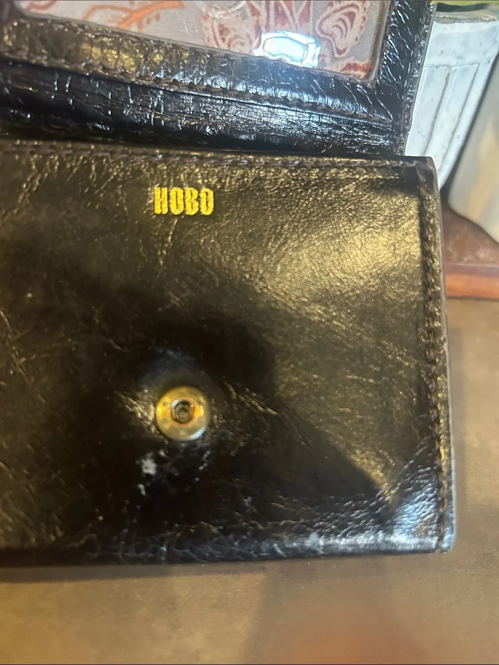 HOBO Black Leather ID Card Holder with Gold Logo
